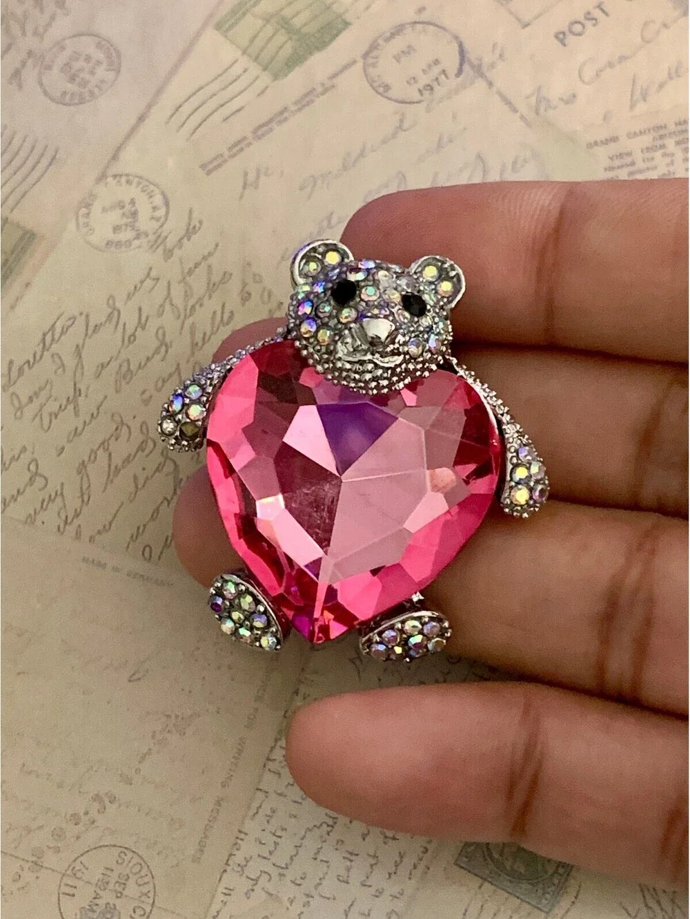 Sparkling Pink Heart Teddy Bear Brooch with Rhinestone Details